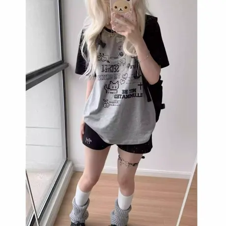 美式复古涂鸦猫咪印花插肩短袖t恤女2025新款设计感小众宽松上衣商品大图