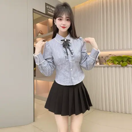 乡美媚法式蝴蝶结蓝色连帽衬衫女学院风洋气显瘦上衣秋收腰衬衣商品大图