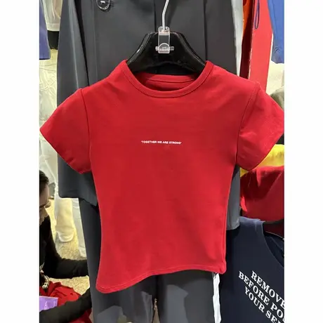 韩版字母印花短袖T恤女夏季新款圆领显瘦辣妹修身短款垫肩上衣商品大图