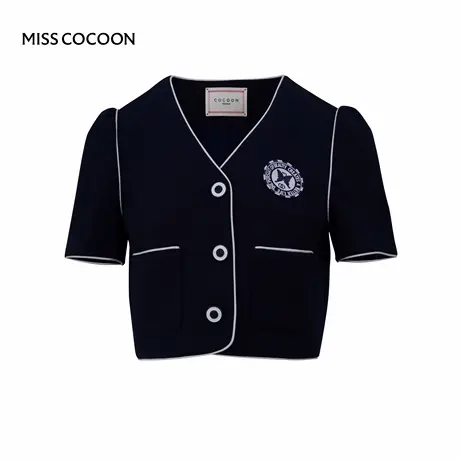 COCOON可可尼 商场同款藏青色学院风绣标撞色V领短款外套女商品大图