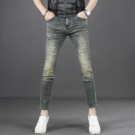 复古黄尼色九分牛仔裤修身小脚裤夏季薄款破洞补丁帅气士裤子商品大图