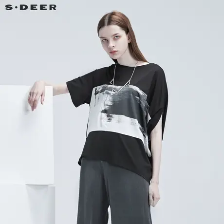 sdeer圣迪奥夏季宽松圆领不对称原创水墨印花黑色T恤女S20260102图片