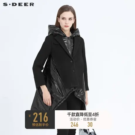 sdeer圣迪奥冬季女装高领连帽不规则拼接毛呢宽松棉服S20482301图片