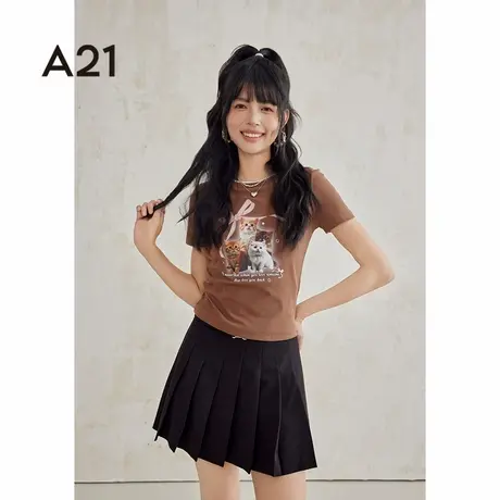 A21女装显瘦圆领假两件短袖T恤ins打底衫舒适上衣女图片
