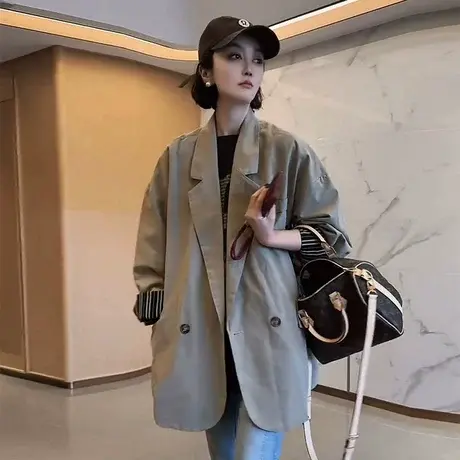百搭宽松中长款西装外套女欧洲站2025春季新款纯色休闲水洗棉西服商品大图