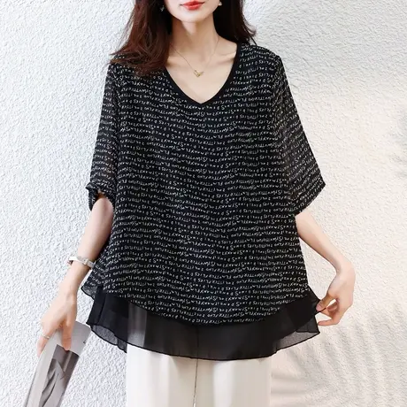 雪纺衫女短袖夏季新款宽松加肥加大码中年妈妈高级感显瘦小衫上衣商品大图