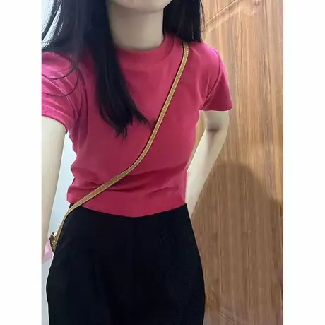 火龙果色短袖T恤女夏装韩版修身显瘦短款打底小衫chic甜辣上衣潮商品大图