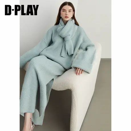 DPLAY秋季气质日常蓝色套头毛衣宽松加厚针织衫上衣女2件套商品大图