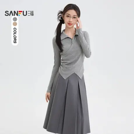 三福长袖T恤2025新款春季小众设计感翻领不规则下摆打底上衣女装图片