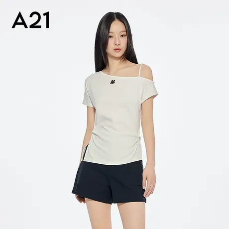 A21女装露肩短袖T恤简约休闲字母绣花修身显瘦上衣图片