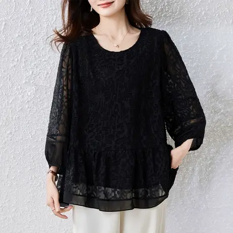 蕾丝衫女春夏新款加肥加大码女装宽松中年妈妈洋气九分袖小衫上衣图片