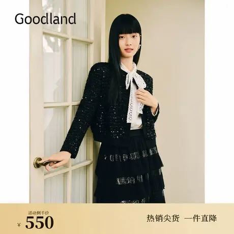 Goodland美地秋季黑色珠片针织小香风休闲短外套图片