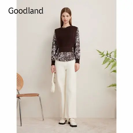 Goodland美地2024秋季新款时尚秘境印花收腰假两件针织衫套头商品大图