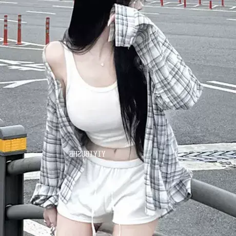 现货 韩国东大门LB580慵懒~复古气质女人味宽松休闲格子衬衫图片