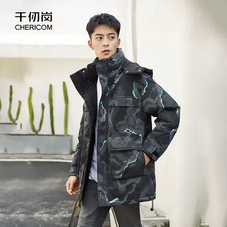 千仞岗冬季男士工装外套中长款连帽迷彩镭射条潮流羽绒服图片