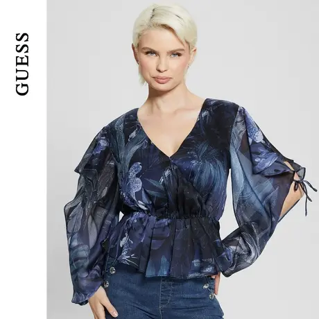GUESS女士荷叶边雪纺显瘦波西米亚上衣-W4GH82WCWF2图片