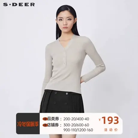 sdeer圣迪奥女装休闲V领半门襟修身长袖针织衫S21463509🎯商品大图