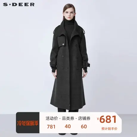 sdeer圣迪奥女装复古高领收腰撞色格纹直筒毛呢大衣S21481814🕧商品大图