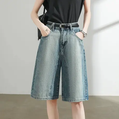 复古渐变牛仔短裤女夏季薄款高腰宽松显瘦水洗阔腿直筒五分裤中裤图片