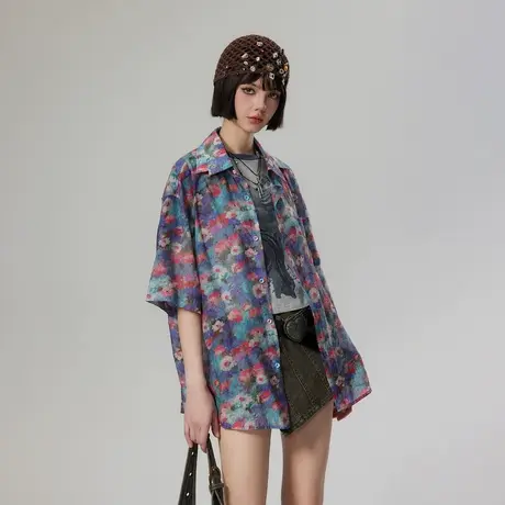 美式复古潮牌花衬衫女2025新款夏季街头短袖衬衣宽松oversize上衣图片