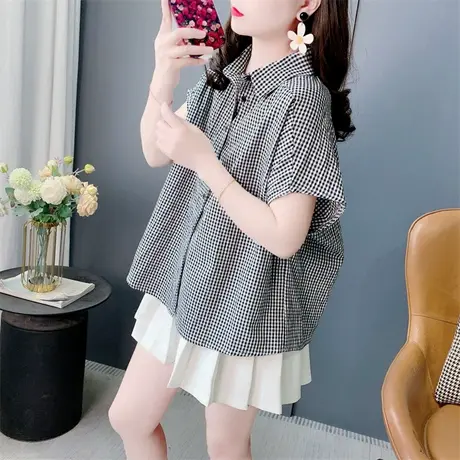 复古立领格子短袖衬衫女2025夏季新款洋气减龄小衫气质遮肚子上衣商品大图