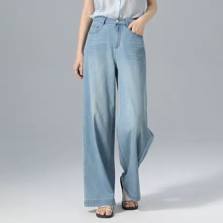 浅色窄版阔腿牛仔裤女夏季薄款天丝拖地裤高腰显瘦宽松冰丝直筒裤商品大图