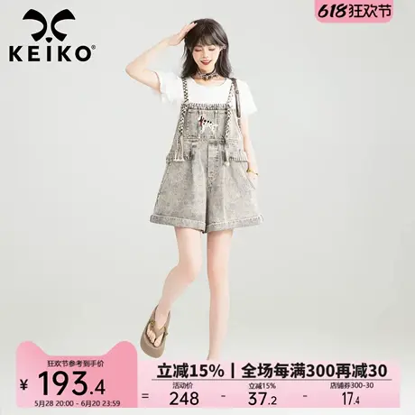 KEIKO 鬼马少女风编织背带牛仔裤夏季复古美式宽松薄款阔腿短裤子商品大图