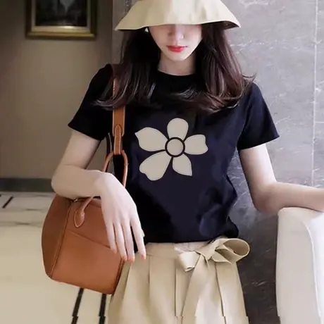 小众欧货黑色短袖t恤女2025夏新款正肩宽松休闲时尚通勤百搭上衣商品大图