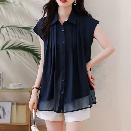 衬衫女短袖夏季新款加肥加大码女装宽松纯色洋气显瘦百搭休闲衬衣商品大图