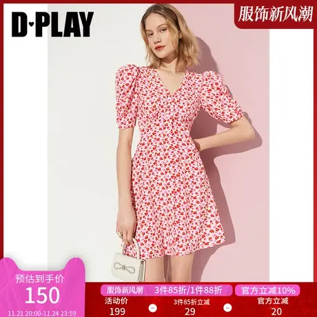 DPLAY夏新款简约高腰收腰泡泡羊腿短袖粉色印象印花连衣裙图片