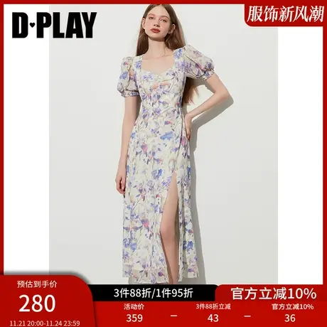 DPLAY夏法式度假温柔紫调梦幻花园收腰印花茶歇裙气质长裙商品大图