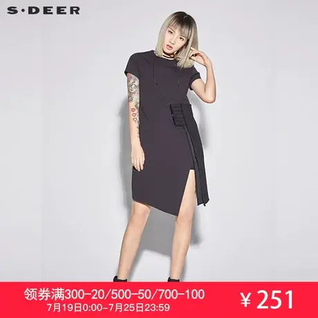 sdeer圣迪奥2019夏装休闲黑圆领肌理拼接开衩连衣裙S17281259商品大图