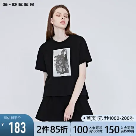 sdeer圣迪奥女装新款休闲圆领人像印花开衩短袖T恤S20260110图片