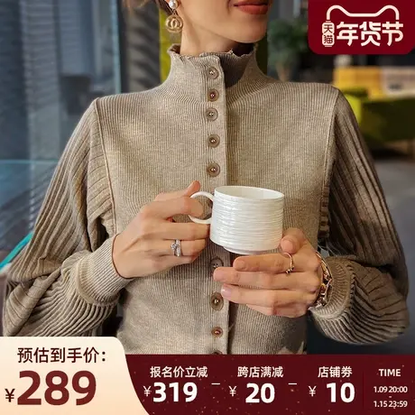 粉红大布娃娃复古羊毛高领打底灯笼袖坑条洋气套头针织衫女春冬新图片