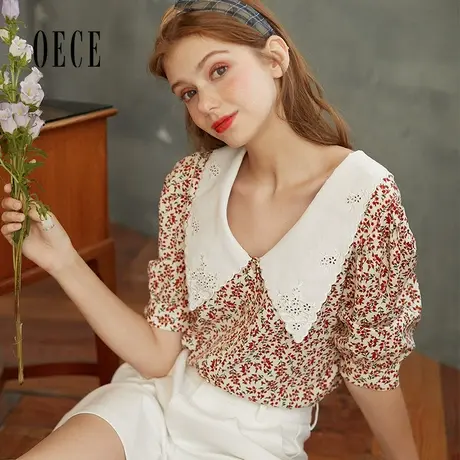 Oece夏装新款女装 法式小碎花甜美复古撞色娃娃领泡泡袖上衣商品大图