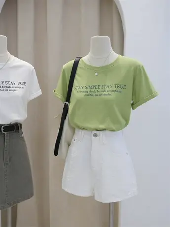 简约字母印花翻边短袖t恤女夏季新款打底衫圆领百搭显瘦正肩上衣商品大图