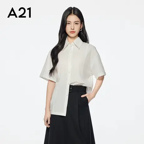 A21女装翻领棉衬衫简约设计感后背系扣落肩短袖衬衣时尚显瘦商品大图
