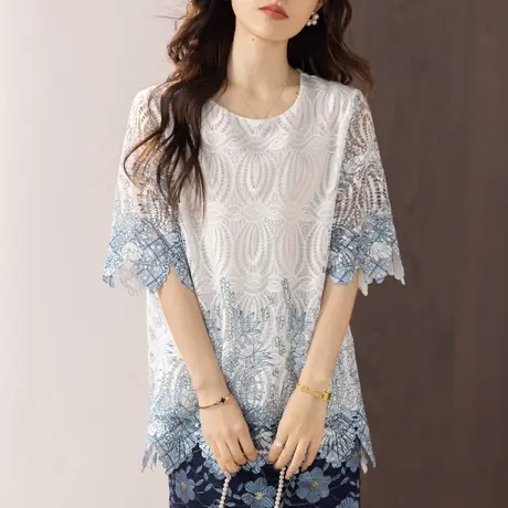 蕾丝衫女短袖夏季新款加大码女装宽松设计感洋气镂空百搭显瘦上衣图片
