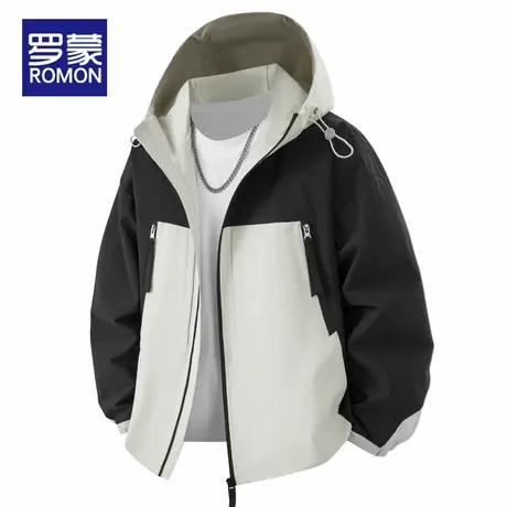 罗蒙工装夹克男春季新款宽松外套拼接高级美式潮牌连帽户外冲锋衣商品大图