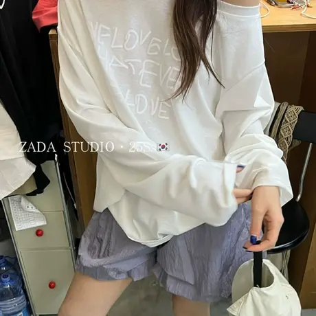 2025夏季新韩版宽松显瘦百搭休闲斜肩长袖T恤女防晒露肩罩衫上衣图片