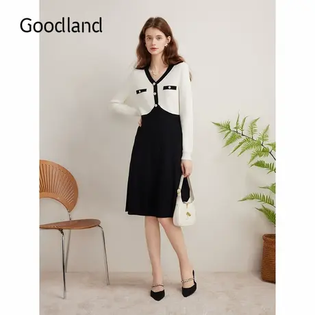 Goodland美地2024秋季新款小香风黑白撞色海鸥领针织连衣裙商品大图