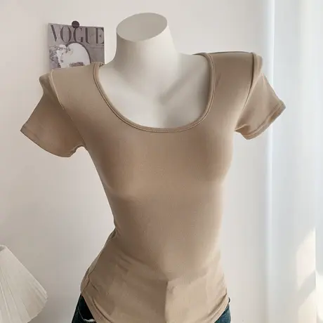 2024夏新品纯欲性感修身弹力显身材U领短袖t恤内搭打底衫上衣图片