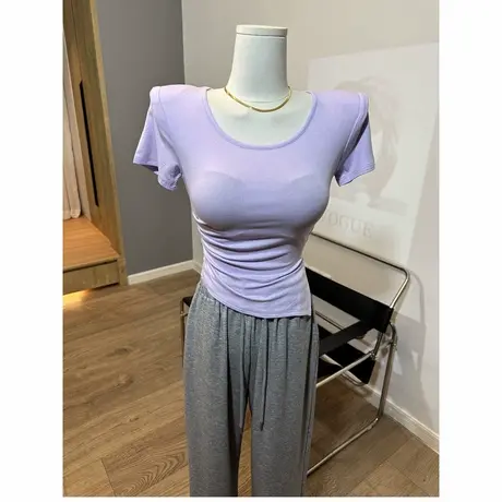 一眼爱！垫肩U领褶皱开叉短袖T恤修身不规则下摆上衣夏季新款图片