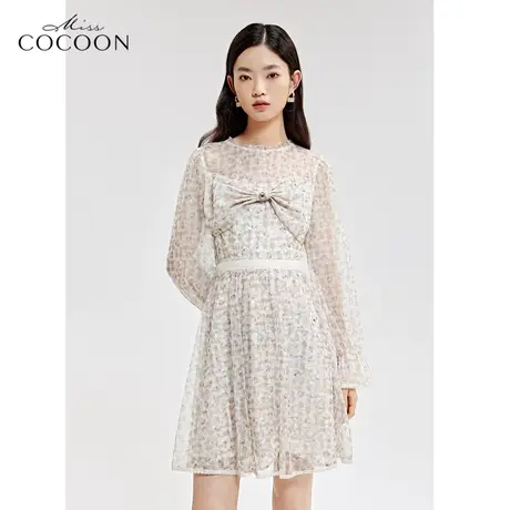 miss COCOON网纱蕾丝连衣裙女2023新款春季小个子蝴蝶结设计a字裙商品大图