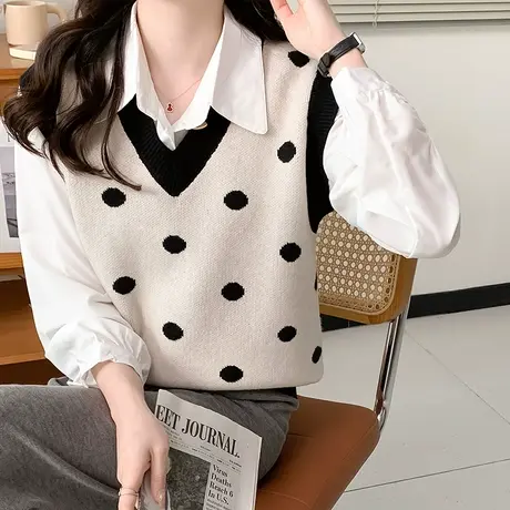 减龄洋气针织马甲女外搭春秋V领宽松显瘦叠穿毛衣坎肩背心马夹女商品大图