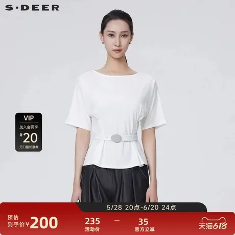 sdeer圣迪奥女装简约休闲圆领压褶宽松短袖T恤S24280108图片