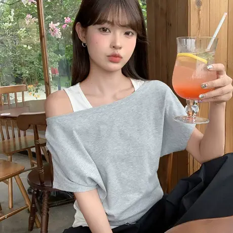 尔给夏季收腰显瘦假两件斜肩T恤女百搭修身ins设计感拼色两穿上衣商品大图