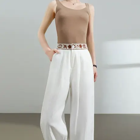 100%纯亚麻阔腿裤女夏季薄款防晒裤子高腰宽松垂感刺绣休闲西装裤图片