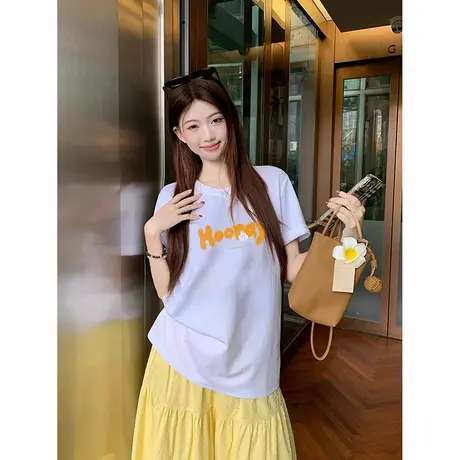 白色重磅纯棉落肩短袖t恤女2025年夏季新款上衣胖mm宽松显瘦半袖图片