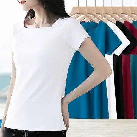白色方领短袖t恤女2024新款夏季修身短款体恤螺纹纯色露锁骨上衣图片